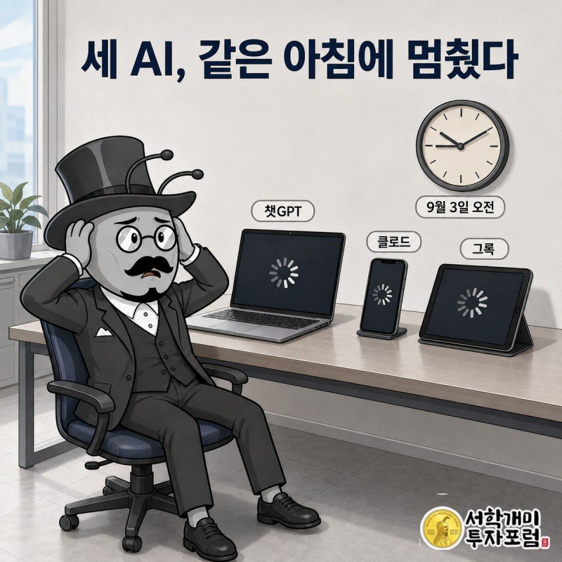 노트북·스마트폰·태블릿에서 챗GPT·클로드·그록이 동시에 로딩 스피너로 멈춰 있고 서민개미가 머리를 감싸는 모습