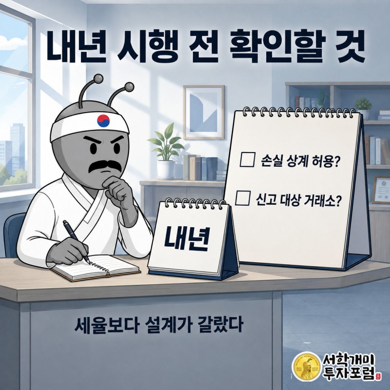 내년 시행 예정인 국내 가상자산 과세의 손실 상계 여부와 신고 대상을 체크리스트로 확인하는 양반개미