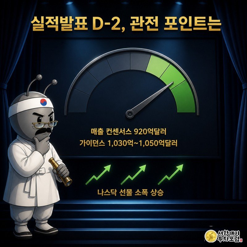 엔비디아 실적발표 무대에서 개미가 매출 가이던스 게이지를 의심스러운 표정으로 살펴보는 그림