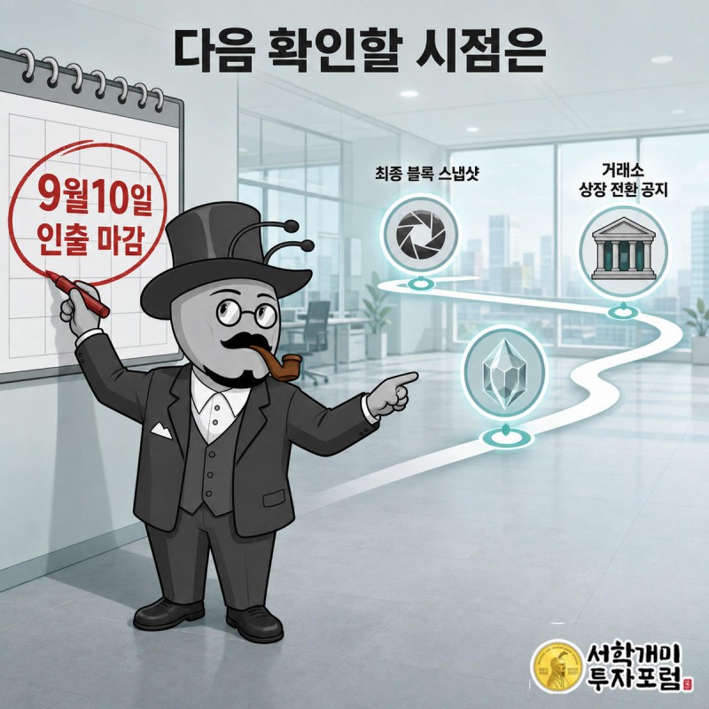 개미가 9월10일에 동그라미를 친 달력 앞에 서고 뒤로 스냅샷과 거래소 상장 전환 이정표가 이어지는 그림