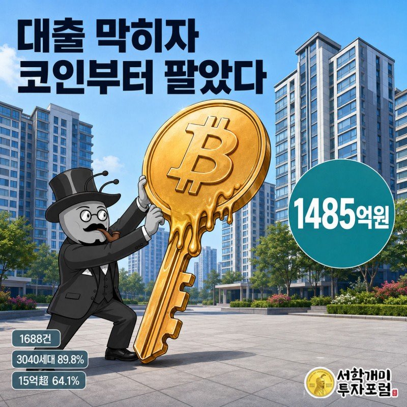 거대한 비트코인 코인이 열쇠로 녹아내리는 모습을 서민개미가 결의에 찬 표정으로 붙잡고 있고, 위에는 
