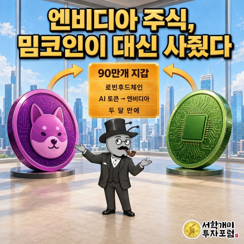 자홍빛 밈코인과 초록빛 엔비디아 주식 토큰이 원형 화살표로 이어진 화면 앞에서 부자개미가 득의양양하게 양쪽을 가리키는 그림