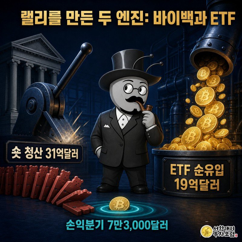 재무부 레버가 당겨지며 붉은 숏포지션 인형들이 도미노처럼 무너지고, 반대편 파이프에서는 금빛 코인이 쏟아져 저금통을 채우며 그 사이에 선 개미가 놀란 표정으로 지켜보는 그림