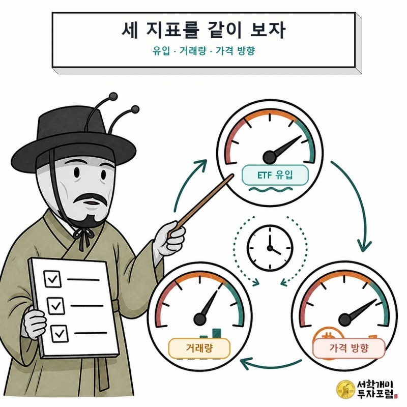 ETF 유입과 거래량, 비트코인 가격을 함께 확인하는 장면