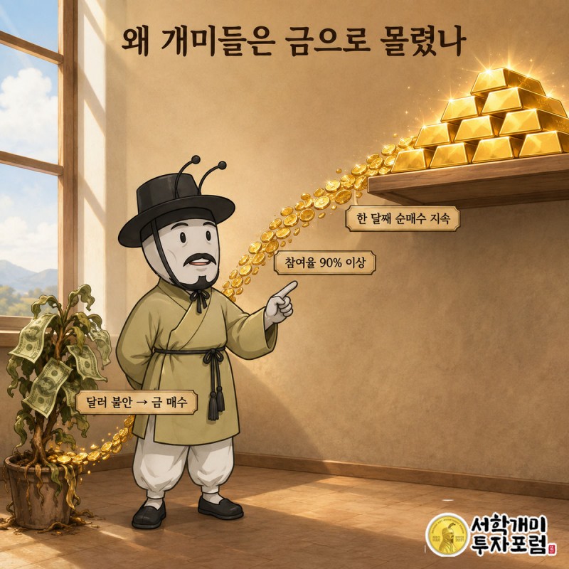 시드는 달러 지폐 화분에서 빛나는 금괴 더미로 동전 물줄기가 흘러가는 것을 개미가 가리켜 보고 있는 장면