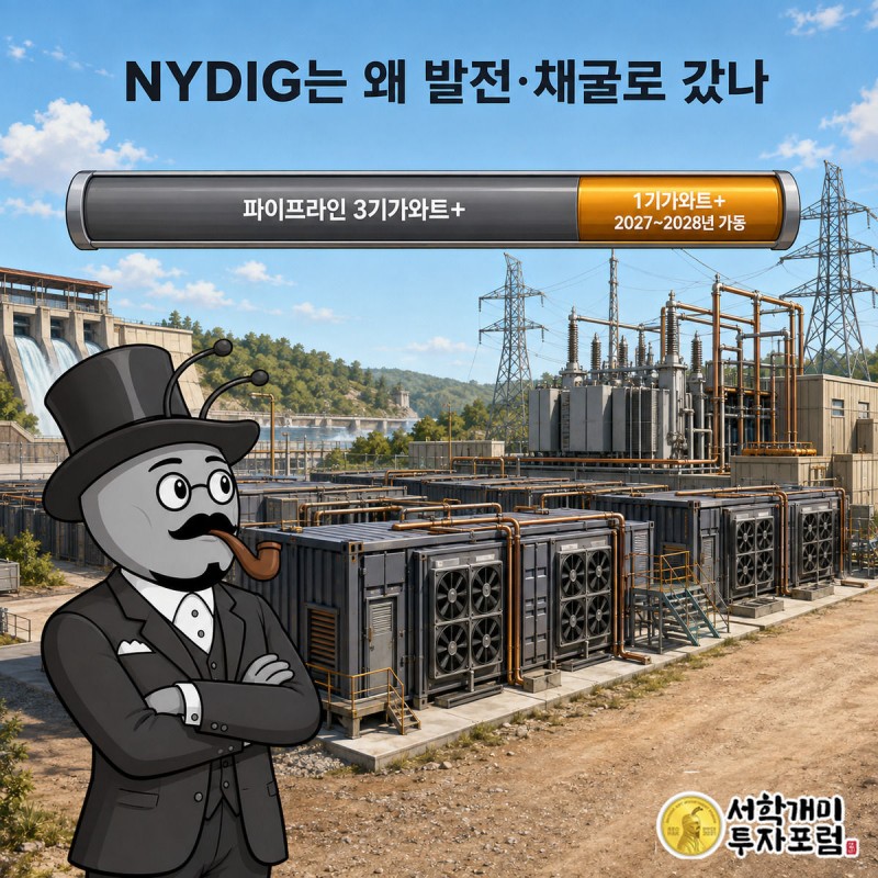 발전소와 채굴 시설 부지 위로 3기가와트 파이프라인 눈금 타임라인이 뻗어 있고 부자개미가 바라보는 인포그래픽