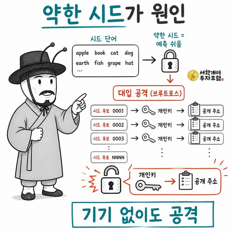 약한 시드 때문에 기기 없이도 개인키 공격이 가능했던 구조를 설명하는 양반개미 기자
