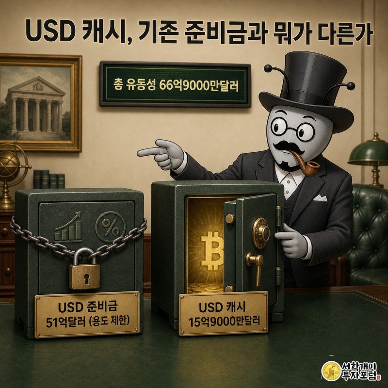 개미가 사슬로 잠긴 기존 준비금 금고 옆에서 방금 열린 USD 캐시 금고 안을 들여다보는 그림