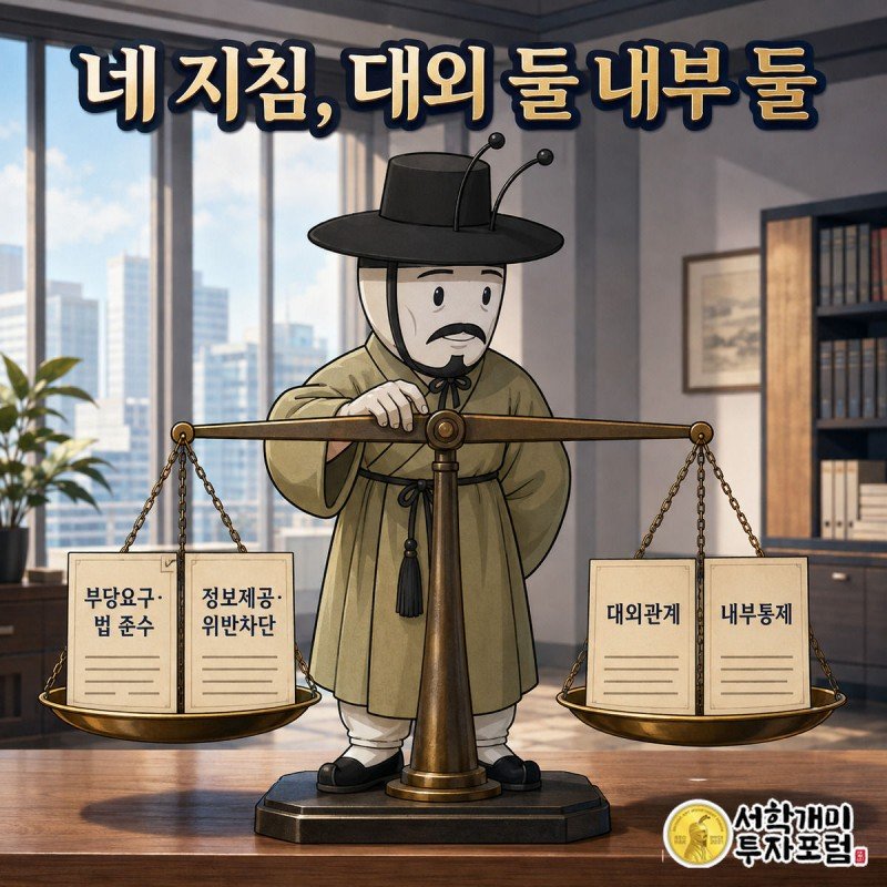 개미 캐릭터가 대외 지침과 내부 지침을 양쪽에 얹은 저울의 균형을 살피는 장면