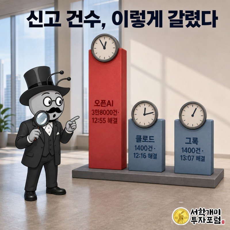 오픈AI 막대가 압도적으로 높고 클로드·그록 막대는 낮은 막대그래프를 양반개미가 돋보기로 살펴보는 모습
