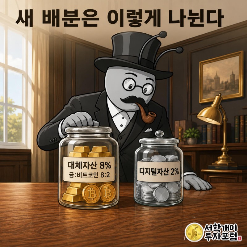 신한투자증권이 제안한 대체자산 8%(금과 비트코인 8대2 비율)와 디지털자산 2% 배분을 유리 항아리에 담는 모습으로 표현한 그림