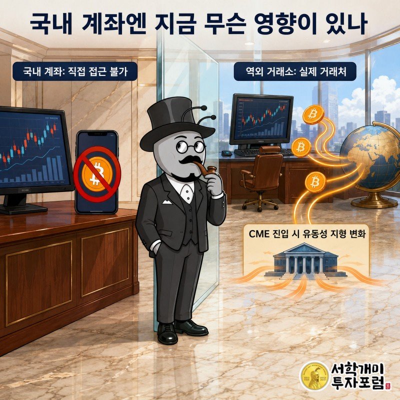 국내 증권사 화면 앞에서 접근 불가 표시를 보는 개미와 역외 거래소에서 활발히 거래되는 화면을 대비시킨 장면