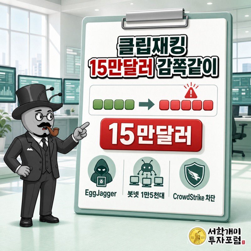 클립보드 위 지갑 주소가 빨갛게 바뀌는 것을 보고 놀라는 개미, 클립재킹 15만달러 탈취를 알리는 커버 이미지