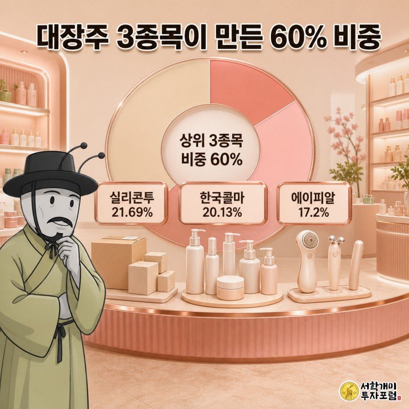 실리콘투·한국콜마·에이피알 세 종목의 수익률 배지와 이들이 합쳐 60%를 채우는 원형 그래프를 개미가 살펴보는 이미지