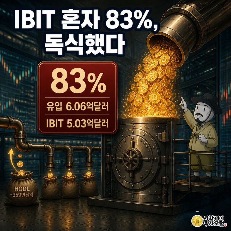 황금 비트코인 동전들이 커다란 파이프를 타고 흘러내려 대부분이 IBIT 금고로 쏟아지는 것을 개미가 놀란 표정으로 올려다보는 장면