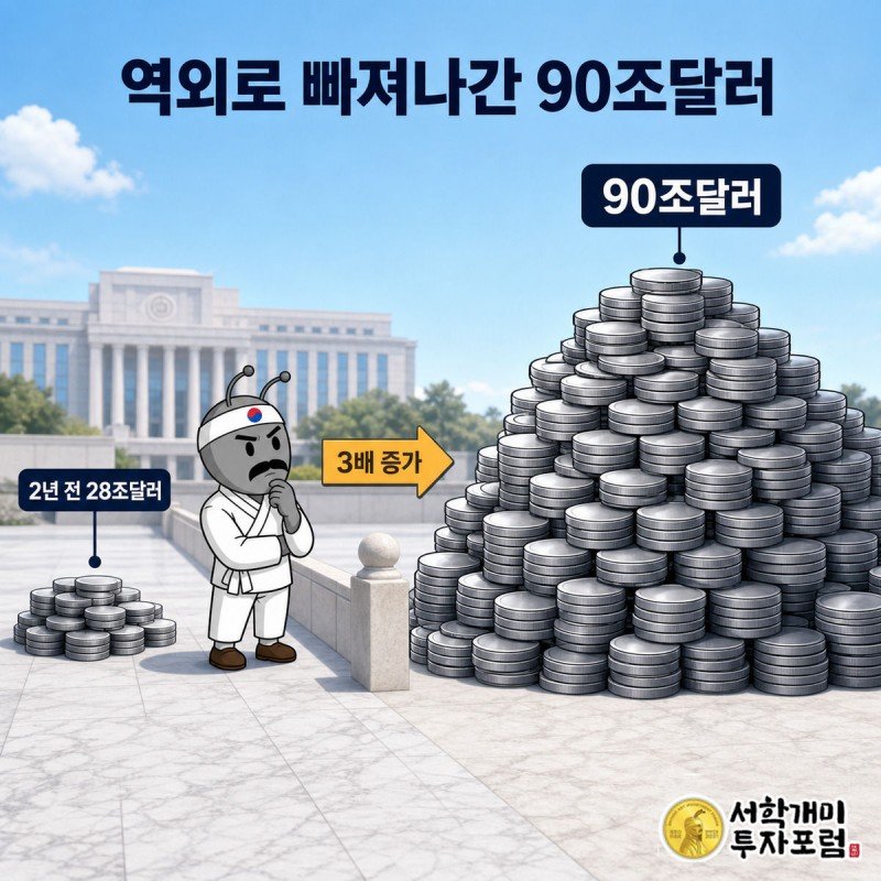 양반개미가 2년 전 작은 코인 더미와 2025년 거대해진 코인 더미를 나란히 놓고 근심 어린 표정으로 바라보는 장면