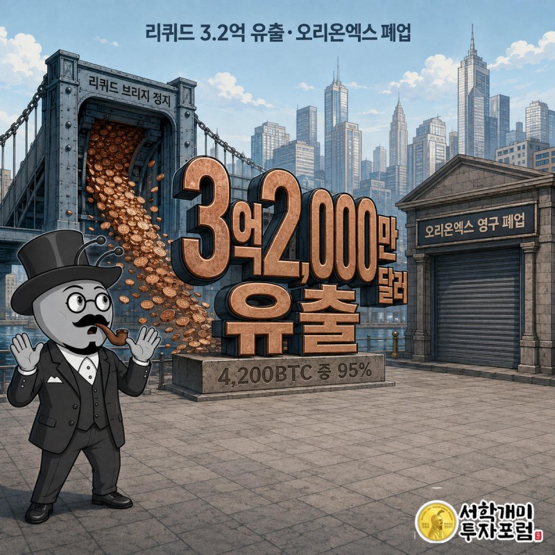 리퀴드 사이드체인 브리지에서 비트코인이 쏟아져 나가고 뒤편 오리온엑스 거래소 셔터에 폐업 도장이 찍힌 모습을 부자개미가 낭패한 얼굴로 바라보는 모습