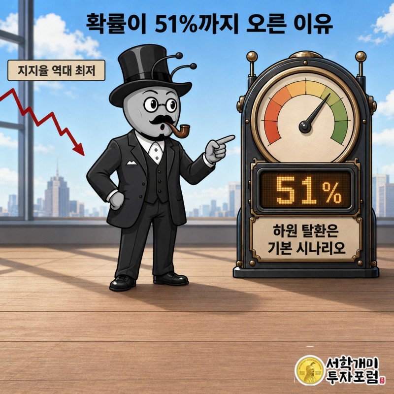지지율 하락 그래프와 폴리마켓 확률판이 51%를 가리키는 모습을 개미가 놀란 표정으로 바라본다.
