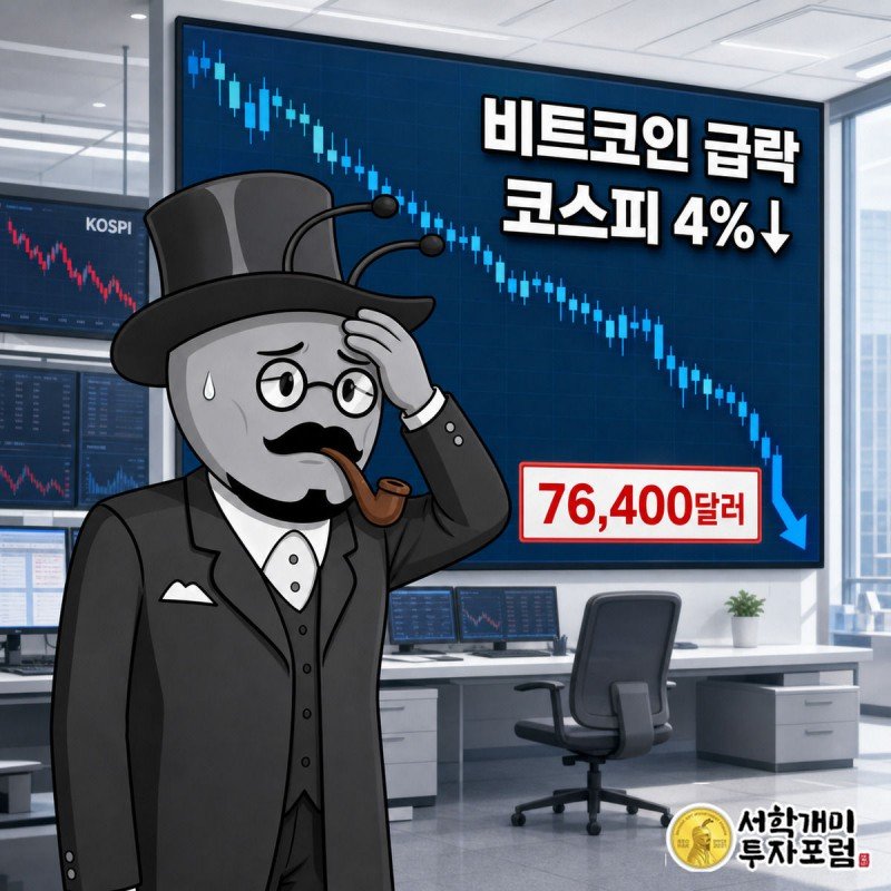 파란 하락 캔들차트 앞에서 이마를 짚으며 낭패한 표정을 짓는 부자개미와 76,400달러 수치 위젯