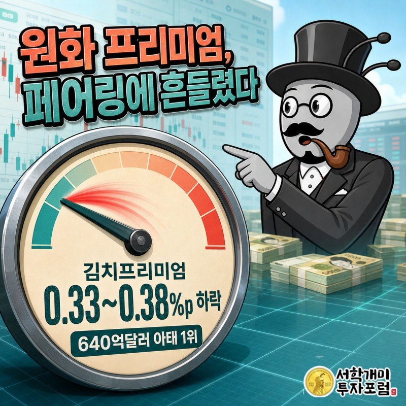 대형 프리미엄 게이지 앞에서 서민개미가 놀란 표정으로 바늘을 가리키는 모습, 바늘이 빨간 구간에서 청록 구간으로 내려가는 장면