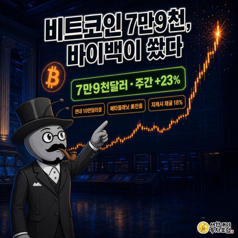 어두운 트레이딩룸에서 개미 캐릭터가 치솟는 비트코인 차트를 가리키며 놀란 표정을 짓고 있는 커버 이미지