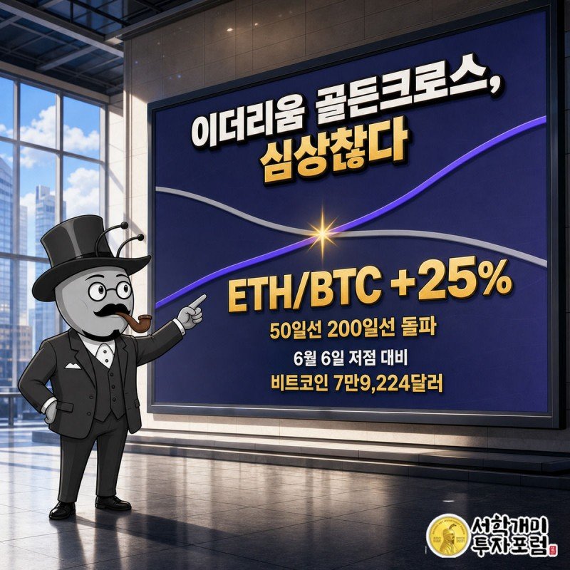 밝은 트레이딩홀 전광판에서 이더리움 상징색 선이 비트코인 대비 이동평균선을 뚫고 올라가는 골든크로스를 부자개미가 놀란 표정으로 가리키는 그림