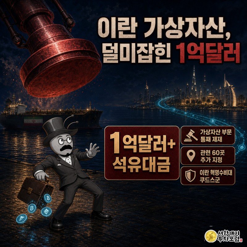 유조선과 사막 도시를 잇는 가상자산 데이터선 위로 짙은 자주색 제재 도장이 내려찍히자 브로커 차림의 개미가 서류가방을 놓치며 놀라는 모습