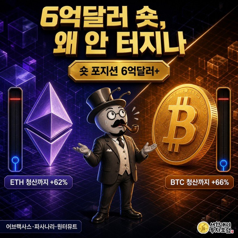 대각선으로 갈린 화면 속에서 개미가 비트코인과 이더리움의 청산가까지 남은 큰 격차를 올려다보며 놀라는 모습으로, 6억달러 규모 숏 포지션을 강조하는 정보 일러스트
