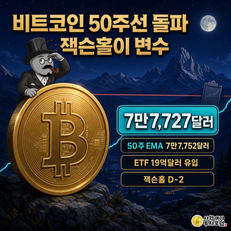 거대한 금빛 비트코인 코인이 청록색 저항선을 뚫고 올라오고, 코인 위에 매달린 개미가 불안한 표정으로 잭슨홀 산맥이 보이는 밤하늘을 바라보는 그림