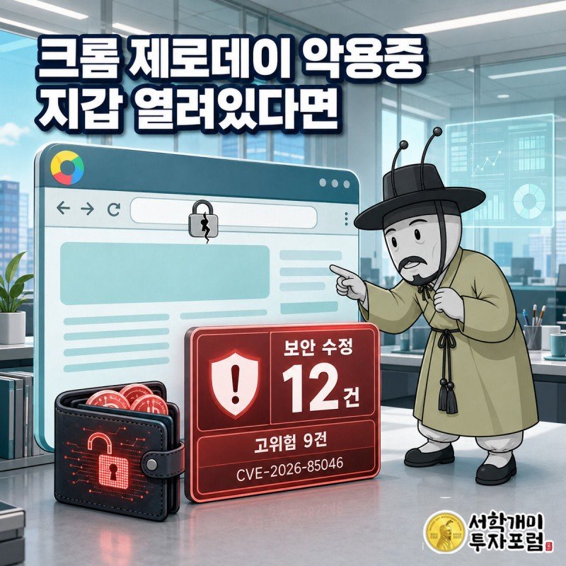 금이 간 크롬 브라우저 자물쇠와 붉게 빛나는 지갑 아이콘 앞에서 서민개미가 놀라는 모습