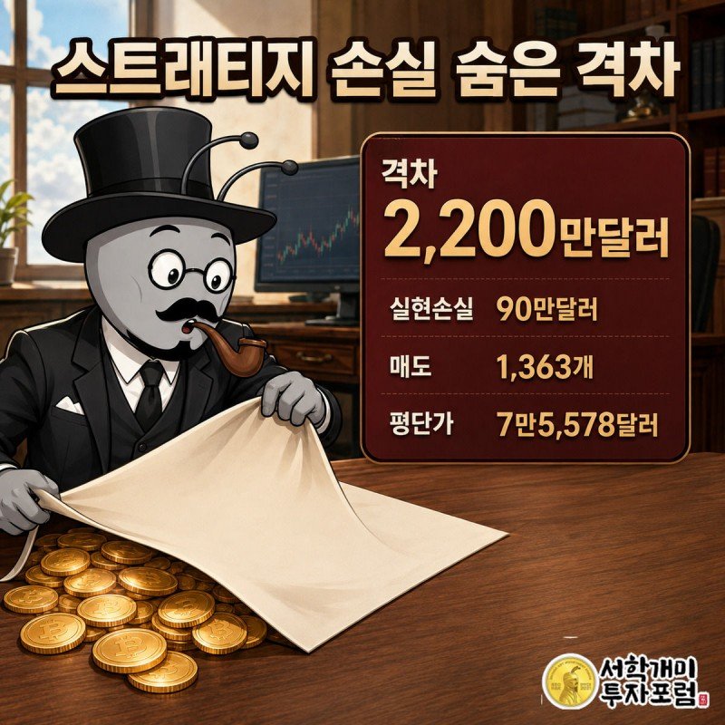 부자개미가 실적 보고서 서류를 들춰 그 아래 숨겨진 비트코인 코인더미와 2,200만달러 격차를 발견하고 놀라는 모습