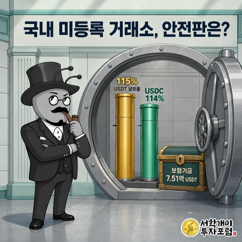 서민개미가 금고 문에 표시된 준비자산 담보율 게이지를 의심스러운 표정으로 확인하는 모습