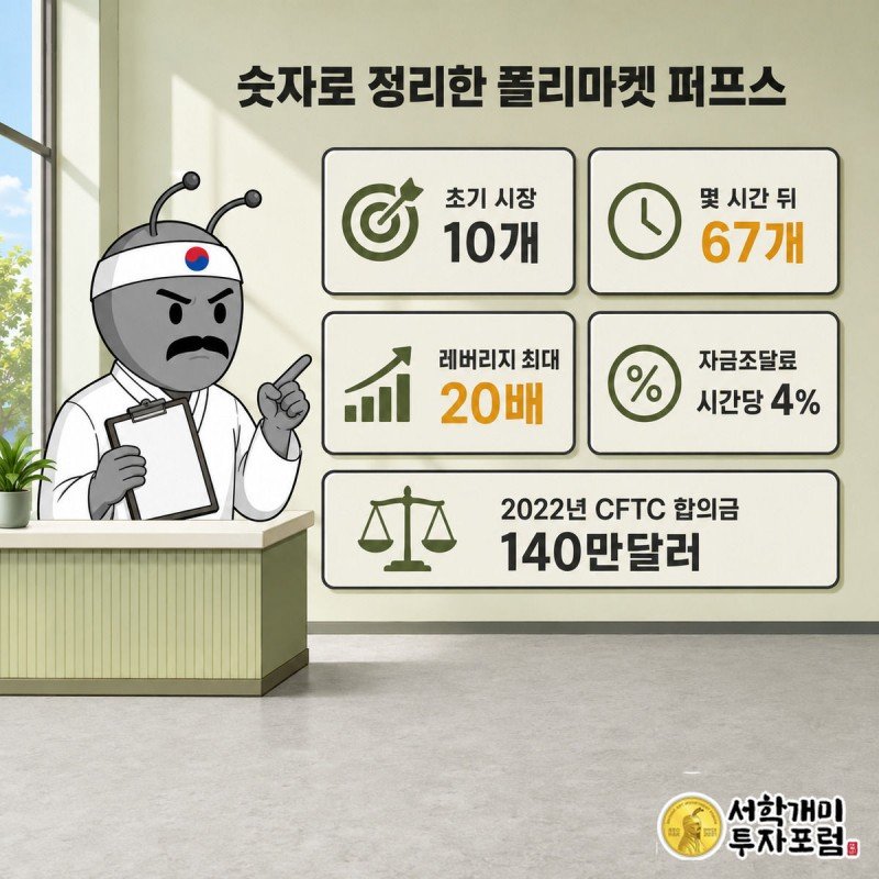 서민개미가 클립보드를 들고 벽에 붙은 폴리마켓 퍼프스 관련 수치 카드 여섯 장을 하나씩 확인하는 그림