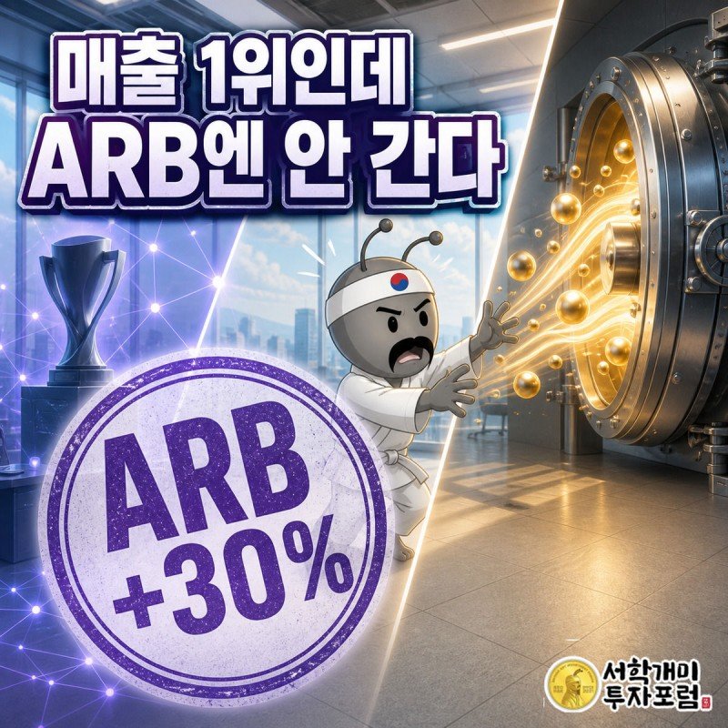 로빈후드체인 매출 순위판과 아비트럼 트레저리 금고를 대각선으로 나눈 화면에서 개미가 금고 속으로 빨려드는 코인을 낭패한 표정으로 바라본다