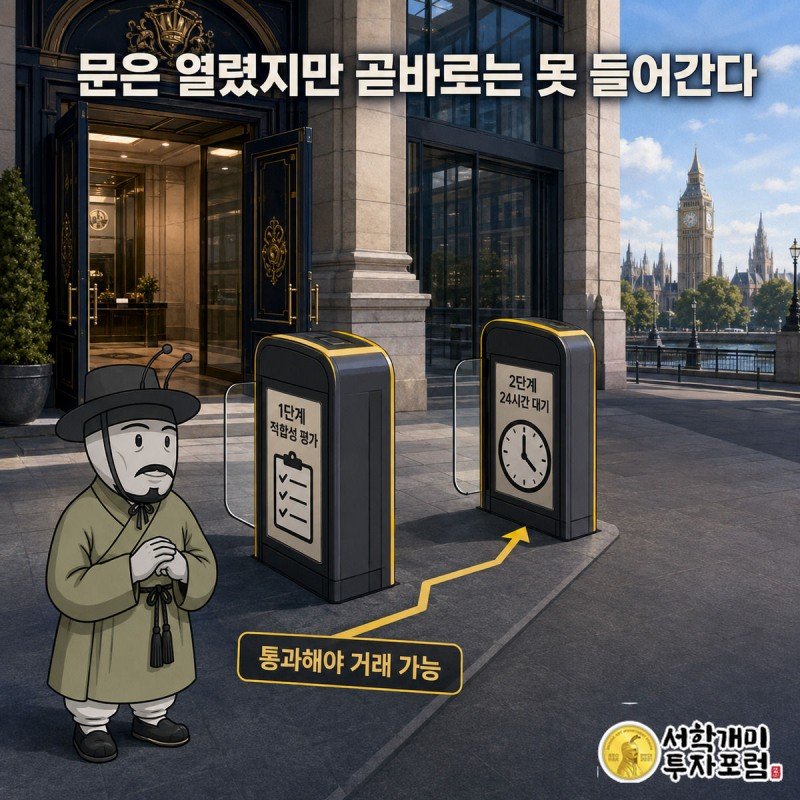 개미가 적합성 평가 게이트를 통과한 뒤 24시간 대기를 뜻하는 큰 시계 앞에 서 있다
