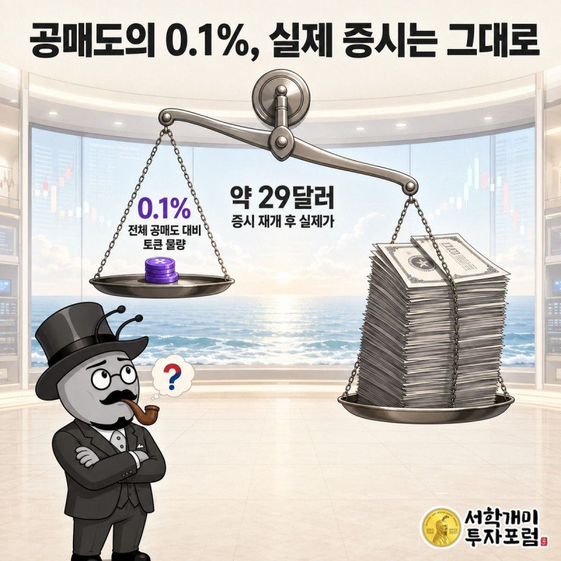 작은 토큰 더미와 훨씬 큰 공매도 물량 더미가 올려진 저울이 거의 기울지 않아, 개미가 안도 반 의심 반의 표정으로 지켜보는 모습