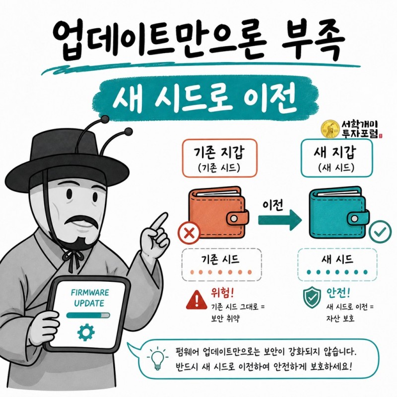 펌웨어 업데이트 뒤에도 새 시드 이전이 필요한 이유를 설명하는 양반개미 기자
