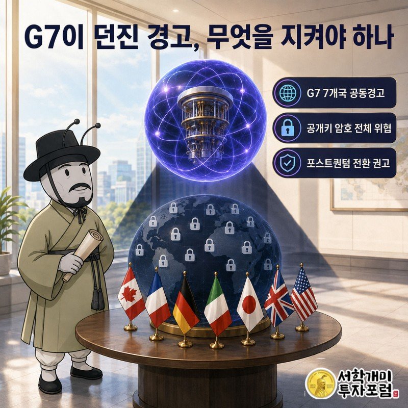지구본 위 7개국 깃발과 그 위를 뒤덮는 양자컴퓨터 그림자를 양반개미가 근심스레 올려다보는 모습