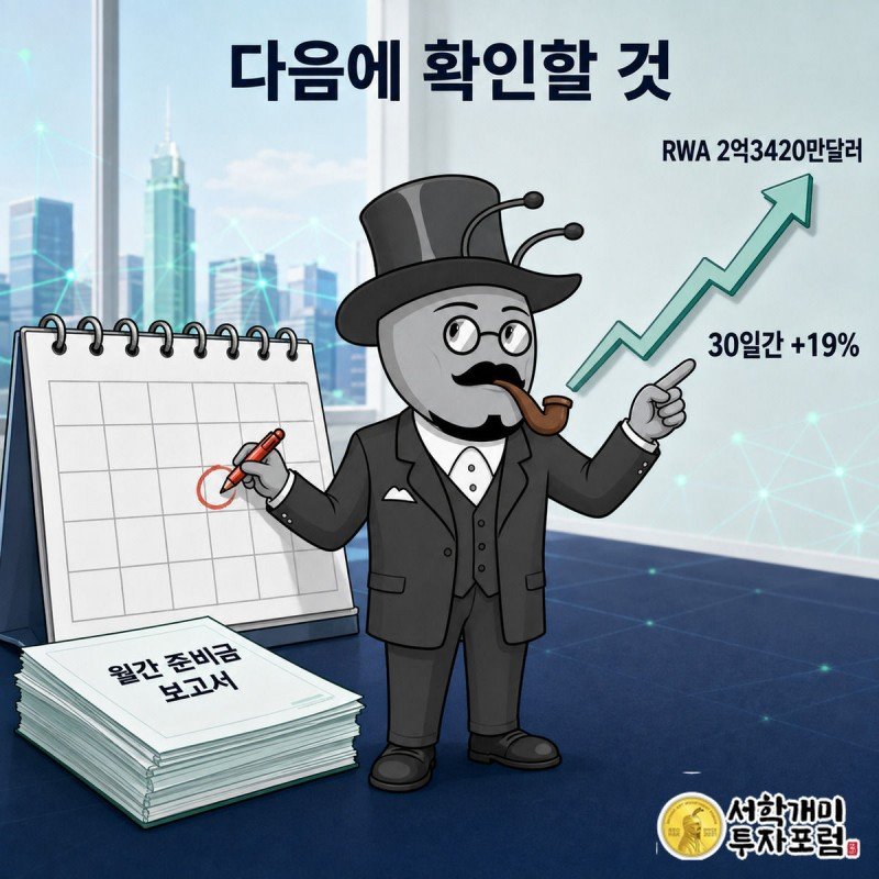 개미가 달력에 다음 달 준비금 보고서 날짜를 표시하고 옆에서 RWA 분배 규모 성장 그래프를 확인하는 그림