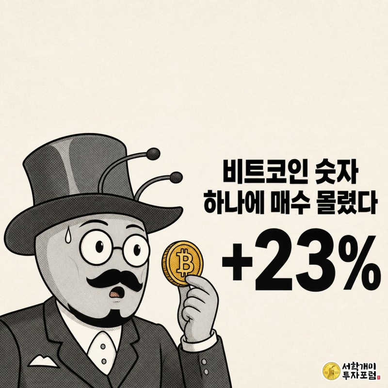 비트코인 동전을 홀린 표정으로 바라보는 개미 클로즈업과 보유율 23% 증가 문구가 담긴 코믹 표지 이미지