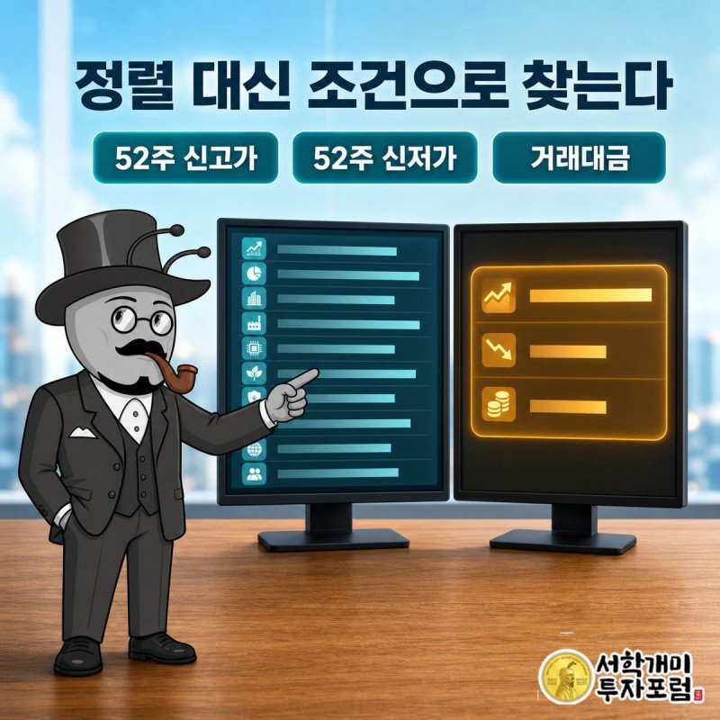 서민개미가 등락률 정렬 화면과 52주 신고가·신저가 조건으로 좁혀진 새 화면을 비교하며 가리키는 모습