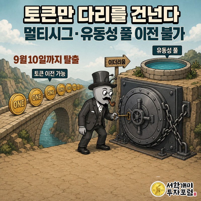다리를 건너는 토큰과 달리 자물쇠 채워진 금고와 유동성 풀이 그대로 묶여 있고 개미가 열쇠를 대보는 그림