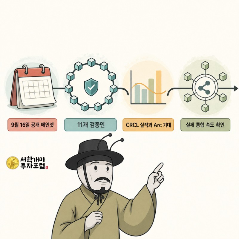 서클 Arc의 공개 일정과 검증인 참여, 시장 기대, 실제 통합 확인점을 연결한 설명 이미지