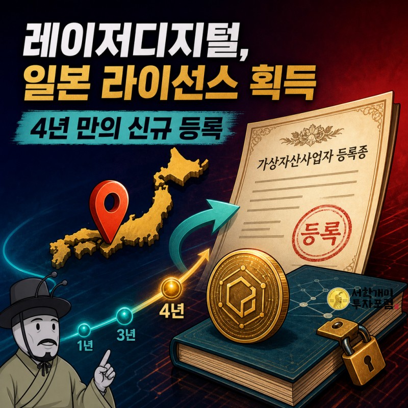 노무라 자회사 레이저디지털재팬이 일본에서 4년 만에 가상자산거래업자 등록을 승인받은 소식을 설명하는 양반개미 기자 표지
