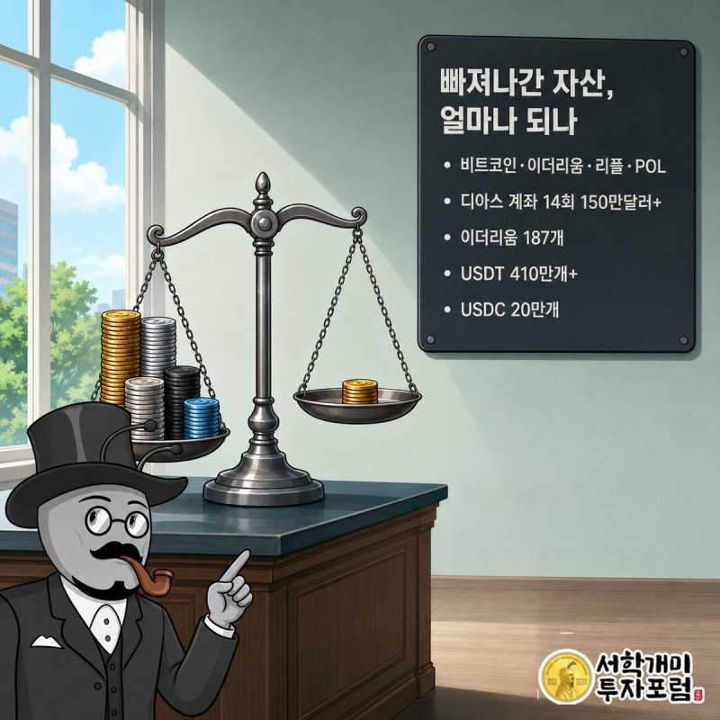 저울이 실제 커스터디 잔고 쪽으로 기우는 것을 손가락으로 짚으며 의심하는 부자개미