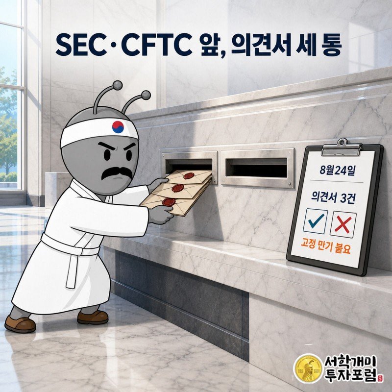 부자개미가 관공서 접수대에서 SEC와 CFTC 슬롯에 봉인된 의견서 세 통을 넣고, 옆 클립보드에는 고정 만기가 필요 없다는 체크 표시가 그려진 장면