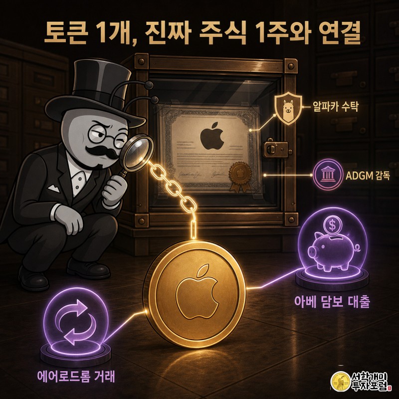 개미가 돋보기로 애플 토큰과 사슬로 연결된 유리 진열장 속 실물 주식증서를 살피고 있고, 옆에는 아베와 에어로드롬 아이콘으로 흘러가는 발광선이 그려져 있다.