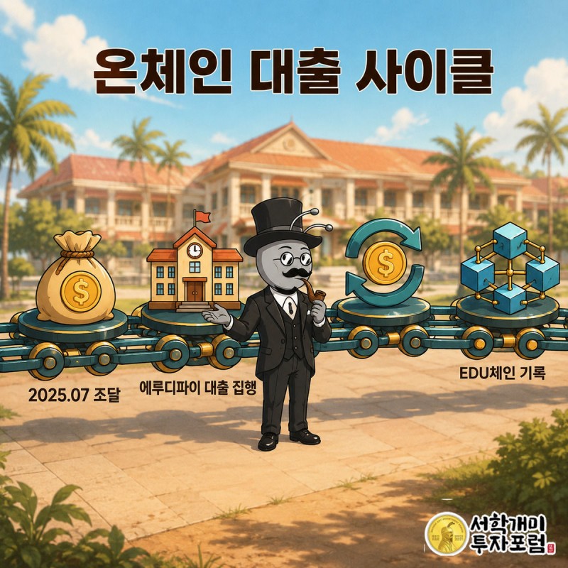 부자개미가 사슬 컨베이어 벨트 위 조달-집행-상환-기록 흐름을 가리키는 그림