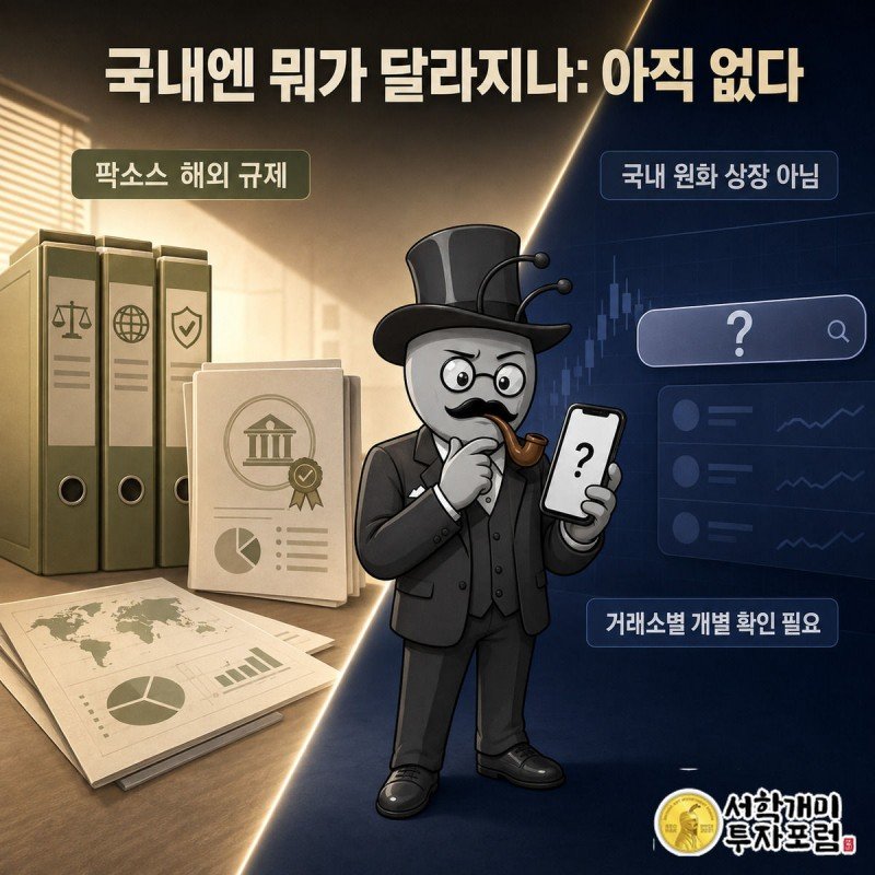 해외 규제 서류함과 한국 거래소 앱 사이에서 개미가 물음표를 띄우며 고민하는 그림
