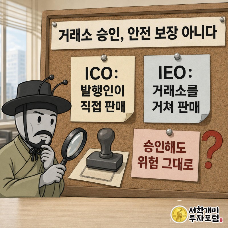 부자개미가 돋보기로 거래소 승인 도장을 의심스럽게 들여다보고 그 옆에 ICO·IEO 정의 카드가 붙어 있는 게시판 장면